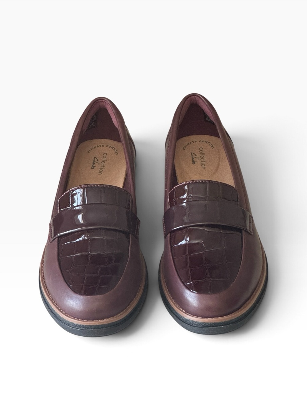 Clarks Collection Sharon Gracie Burgundy Croc-Embossed Wedge Loafers Size 8.5